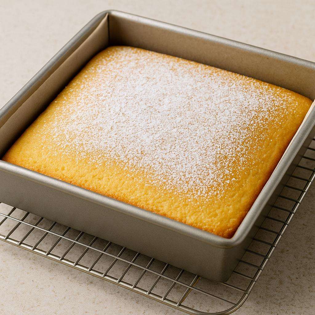 one egg cake in a pan dusted with icing sugar